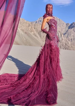 Wine Mermaid Feather Trail Gown With Embroidered Gloves And Veil