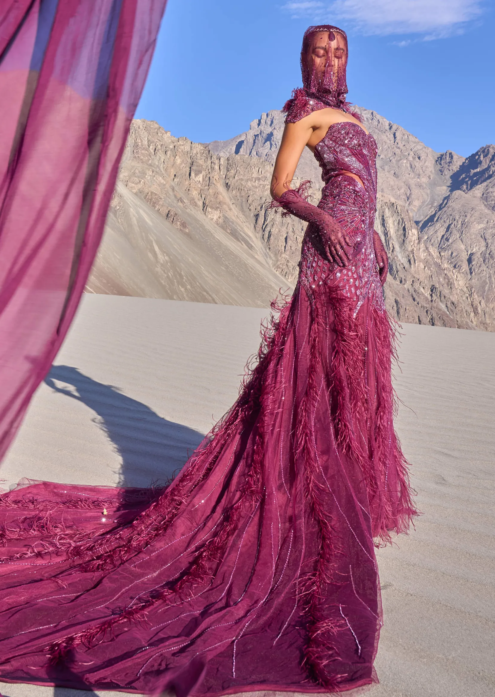 Wine Mermaid Feather Trail Gown With Embroidered Gloves And Veil