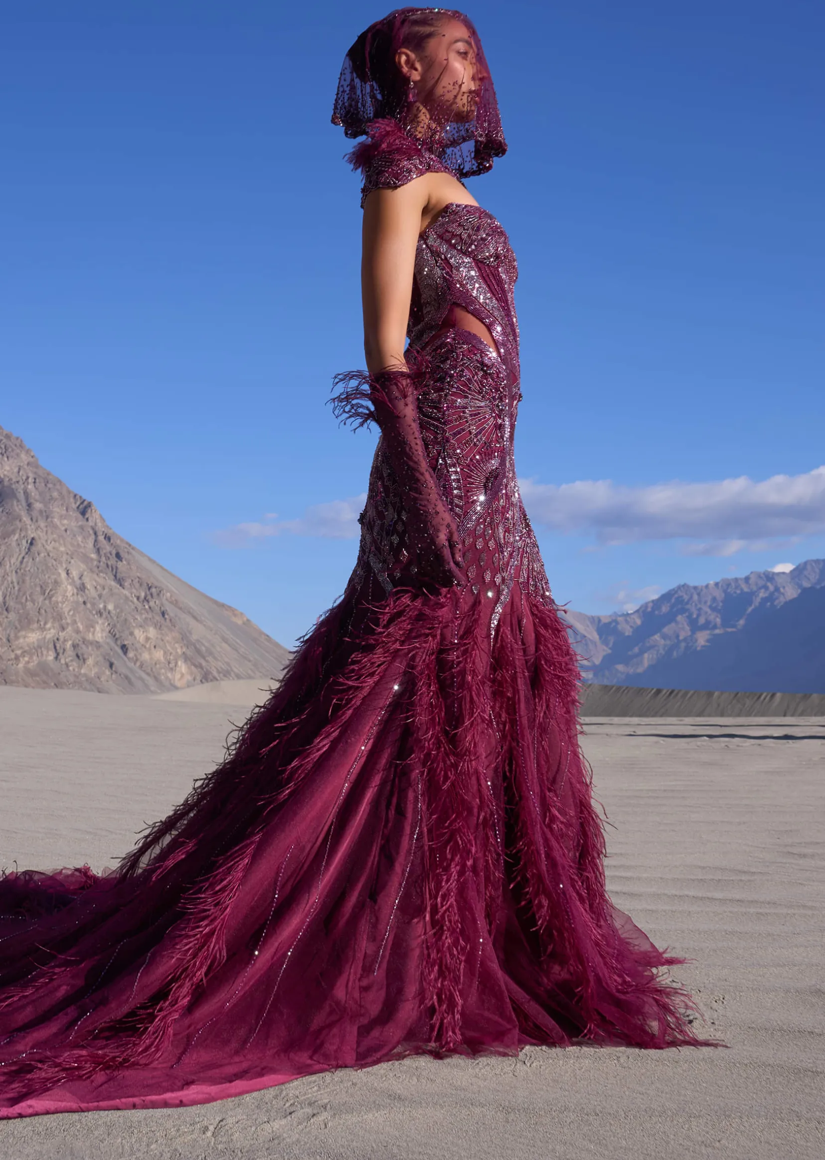 Wine Mermaid Feather Trail Gown With Embroidered Gloves And Veil