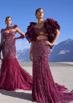 Wine Mermaid Feather Trail Gown With Embroidered Gloves And Veil