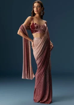 Wine Ombre Pre Pleated Saree With Sequins And Velvet Blouse