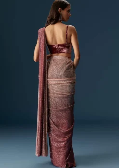 Wine Ombre Pre Pleated Saree With Sequins And Velvet Blouse