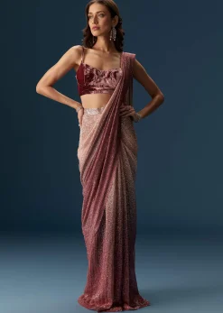 Wine Ombre Pre Pleated Saree With Sequins And Velvet Blouse