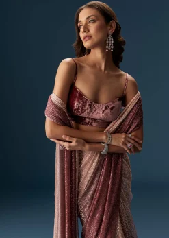 Wine Ombre Pre Pleated Saree With Sequins And Velvet Blouse