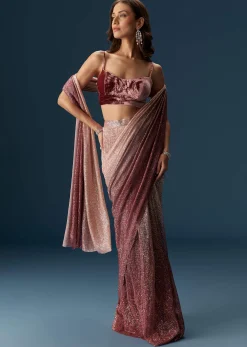 Wine Ombre Pre Pleated Saree With Sequins And Velvet Blouse