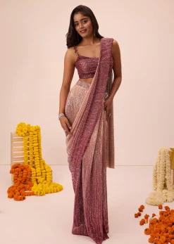 Wine Ombre Sequin Pleated Saree With Cowl Blouse