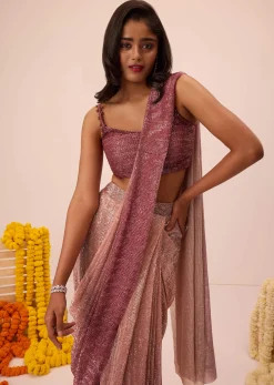 Wine Ombre Sequin Pleated Saree With Cowl Blouse