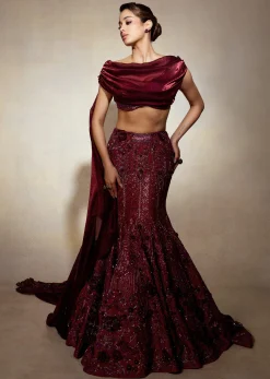 Wine Opulent Fish Cut Lehenga And Embellished Jacket Duo