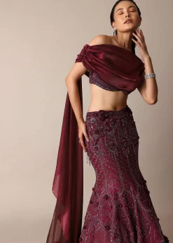 Wine Opulent Fish Cut Lehenga And Embellished Jacket Duo