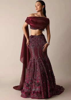 Wine Opulent Fish Cut Lehenga And Embellished Jacket Duo