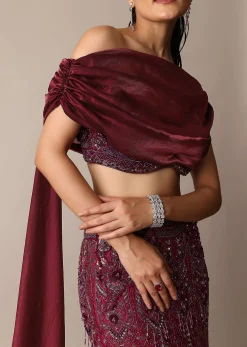 Wine Opulent Fish Cut Lehenga And Embellished Jacket Duo