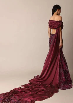 Wine Opulent Fish Cut Lehenga And Embellished Jacket Duo