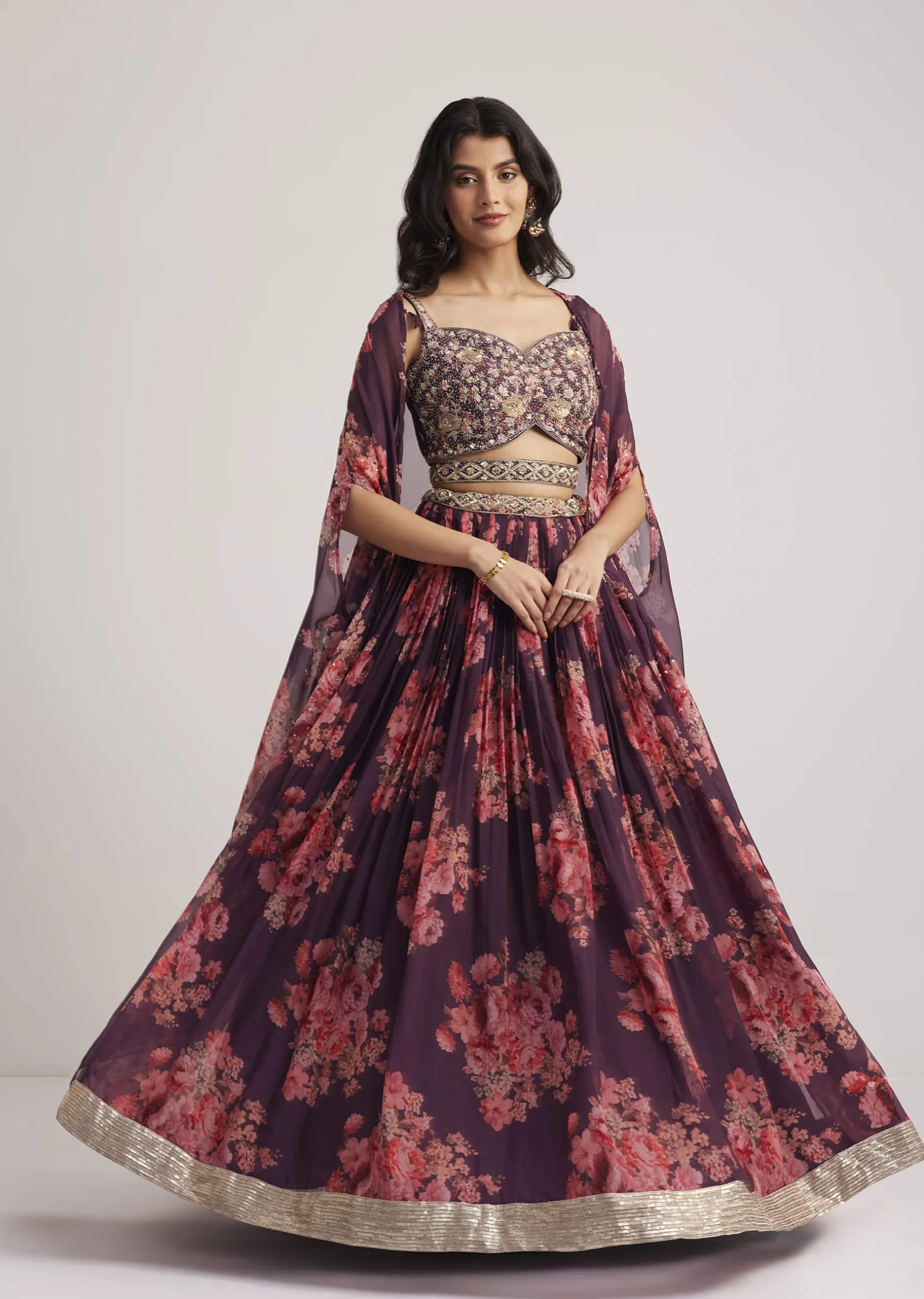 Wine Organza Floral Print Set With Zardosi And Sequins Detailing