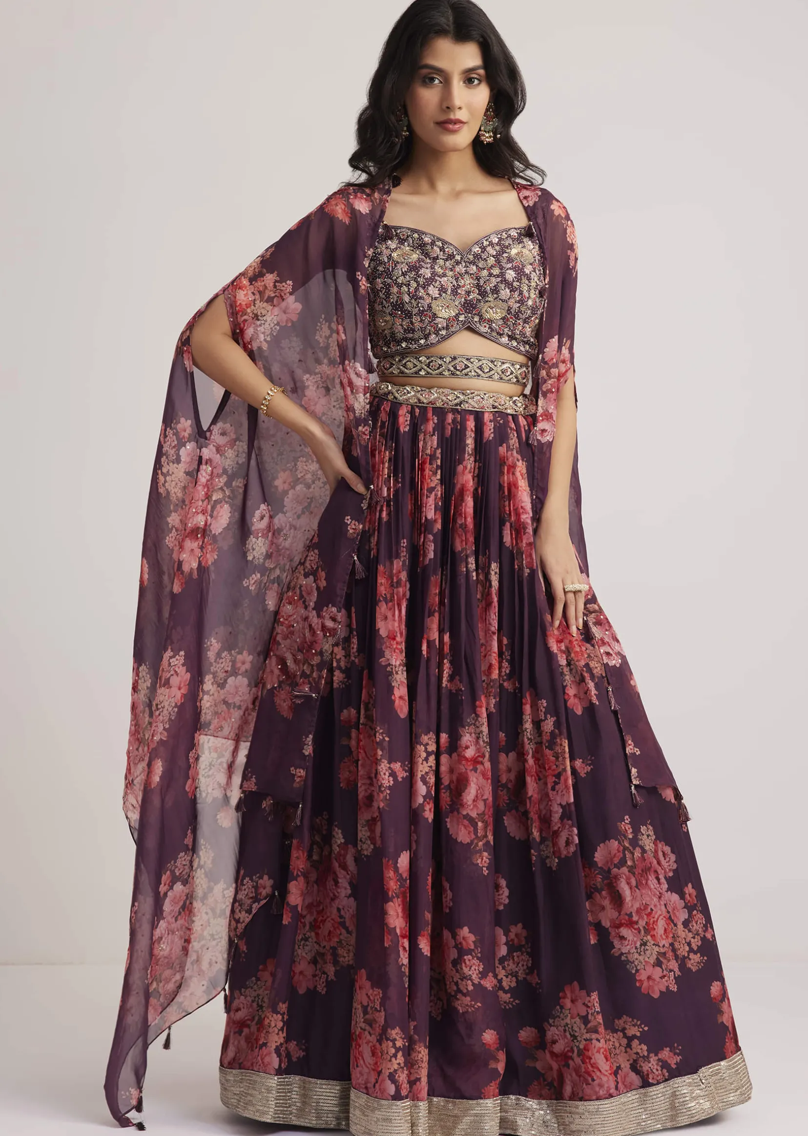 Wine Organza Floral Print Set With Zardosi And Sequins Detailing