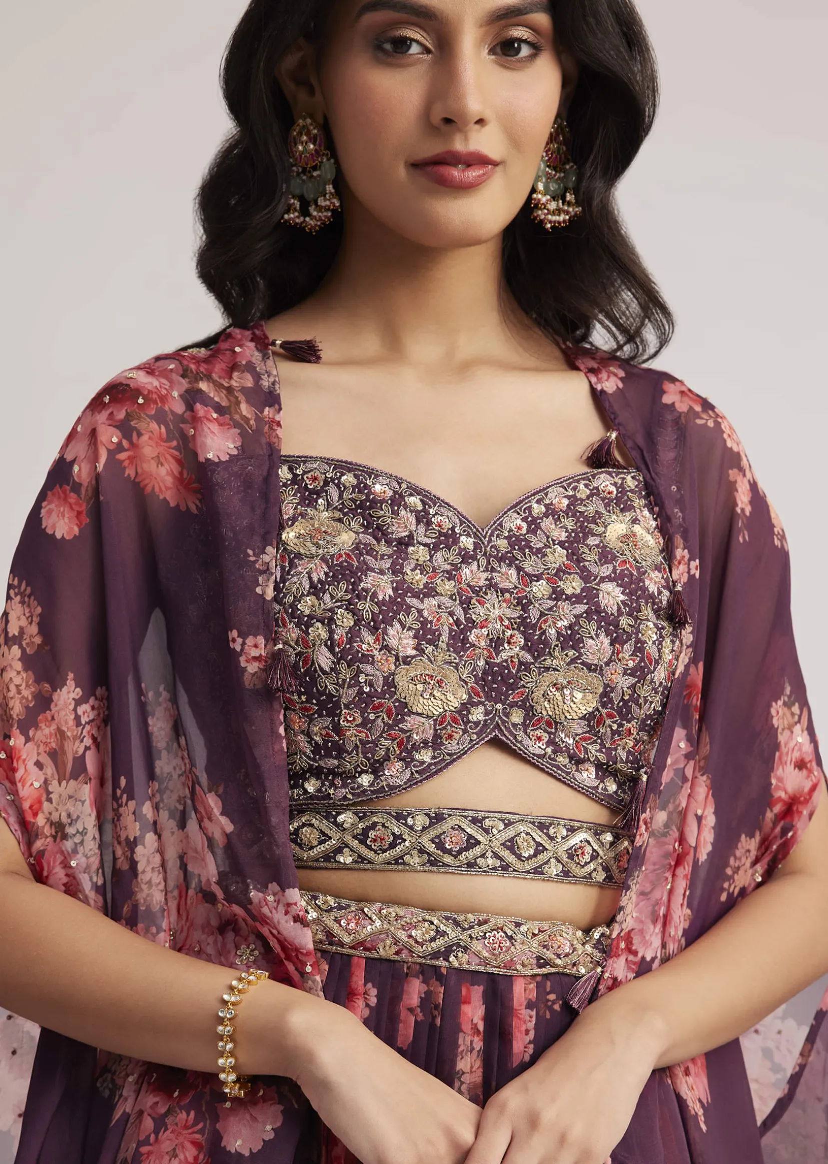 Wine Organza Floral Print Set With Zardosi And Sequins Detailing