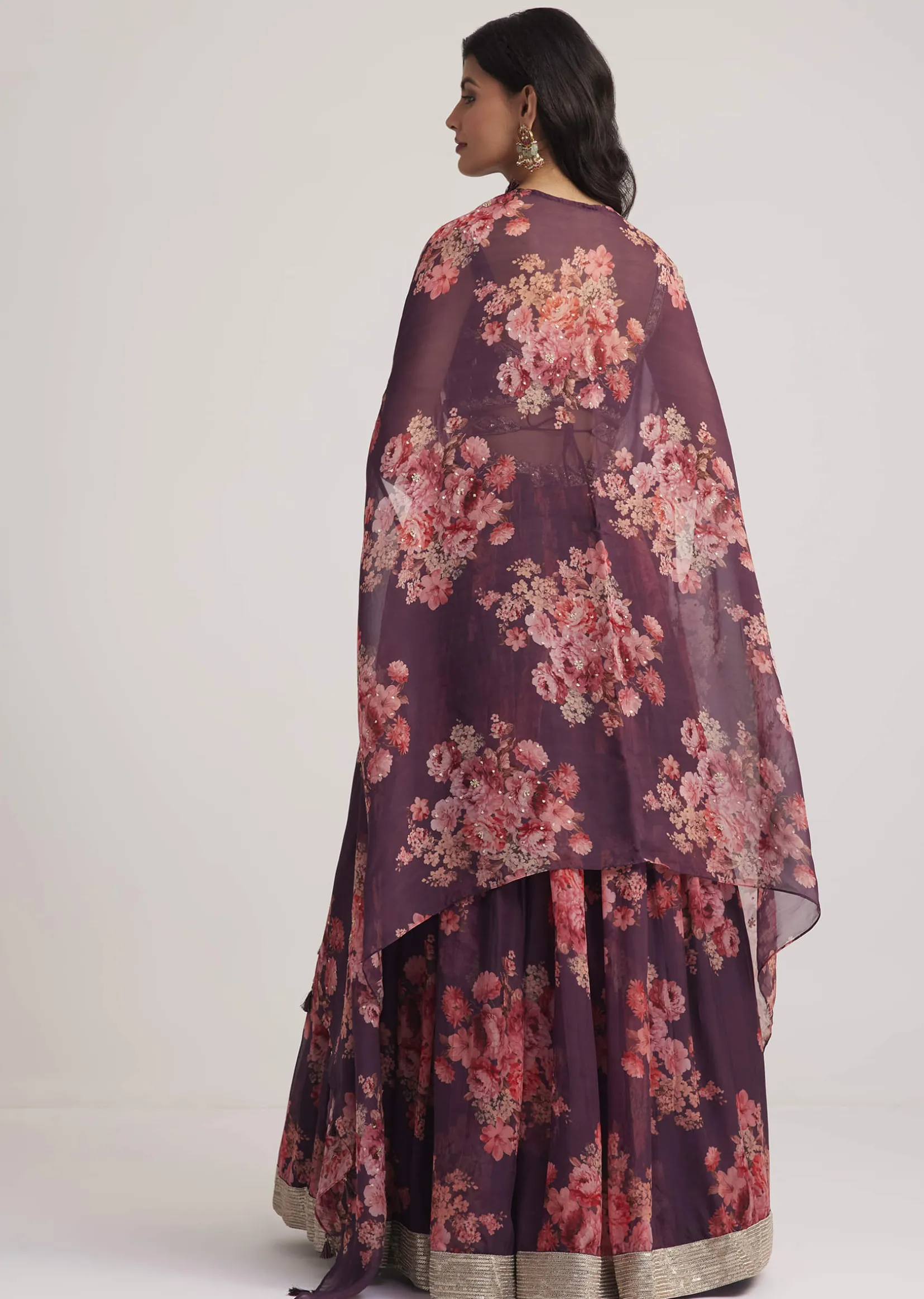 Wine Organza Floral Print Set With Zardosi And Sequins Detailing
