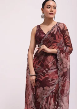 Wine Organza Leaf Printed Saree With Unstitched Blouse