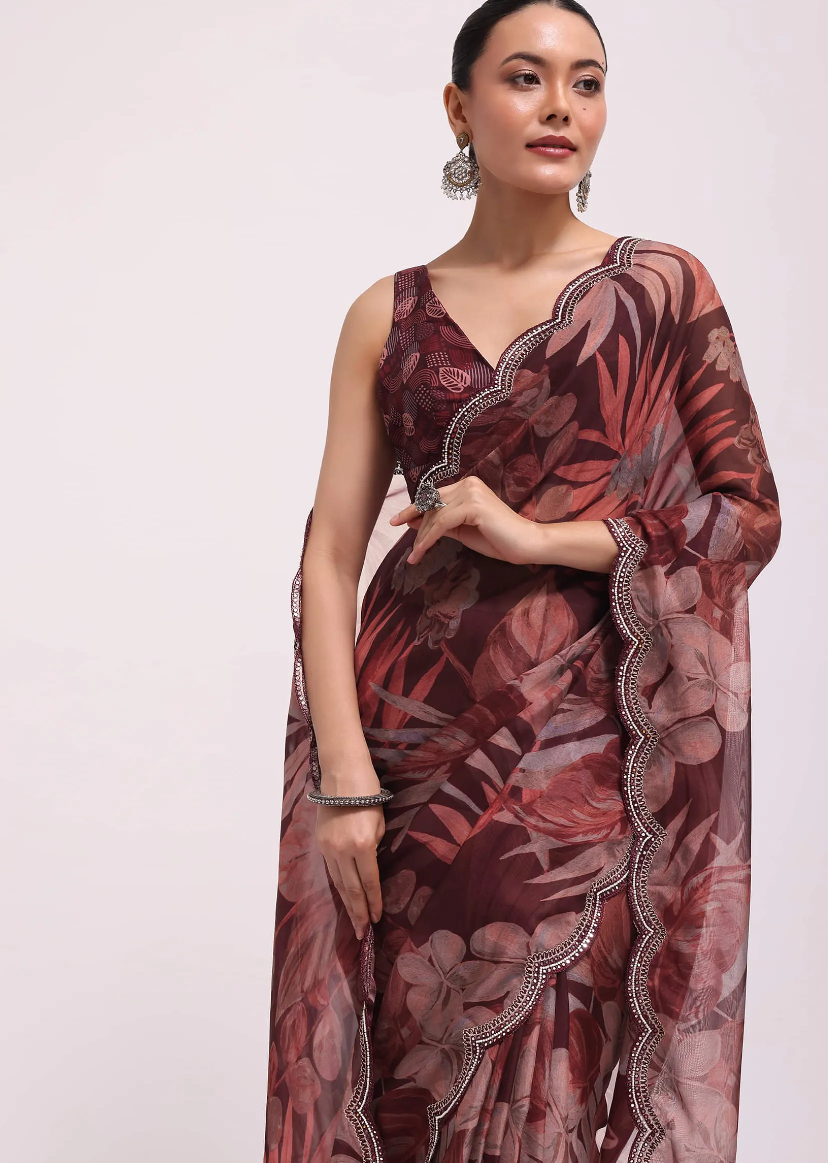 Wine Organza Leaf Printed Saree With Unstitched Blouse