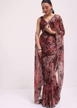 Wine Organza Leaf Printed Saree With Unstitched Blouse