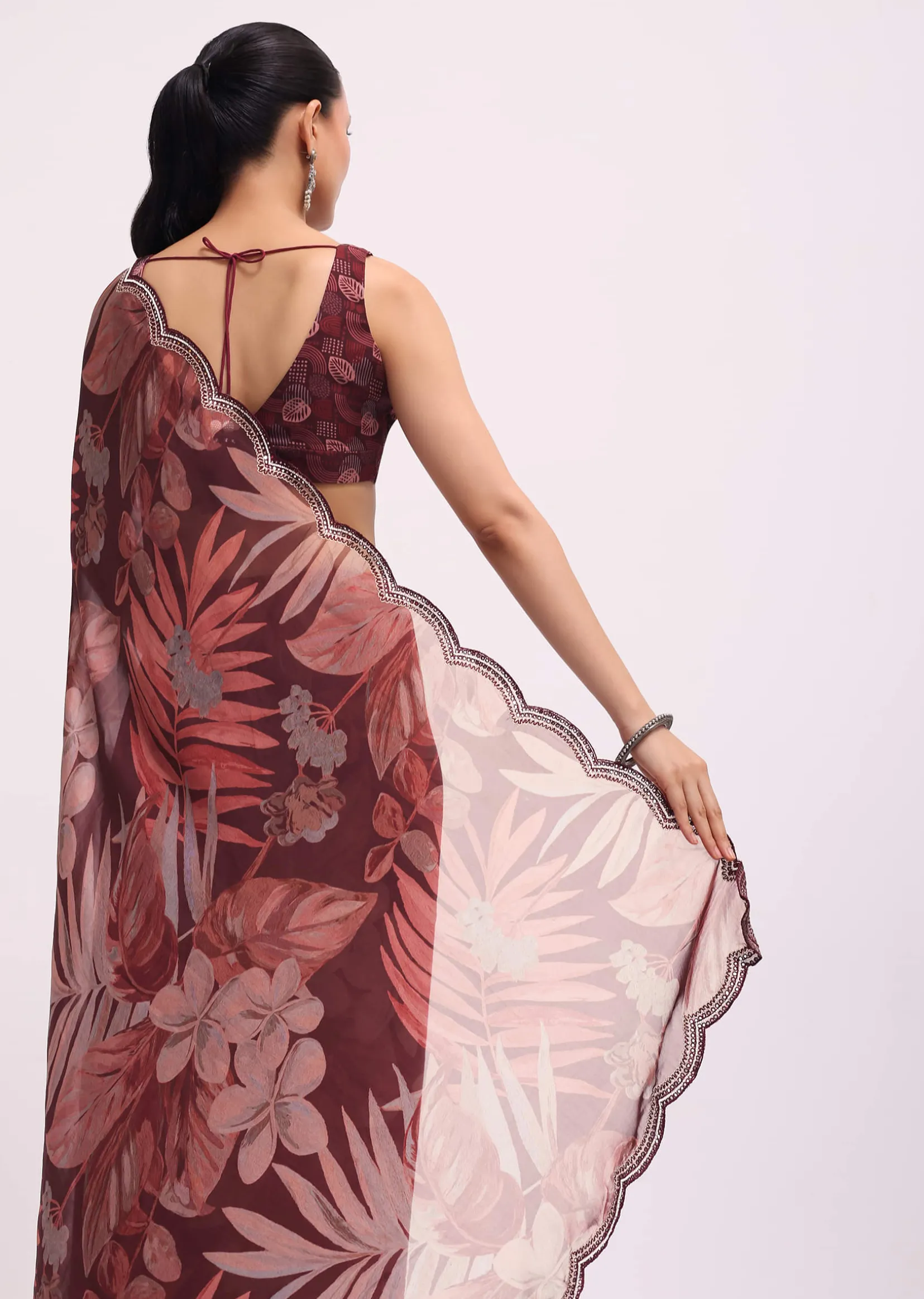 Wine Organza Leaf Printed Saree With Unstitched Blouse