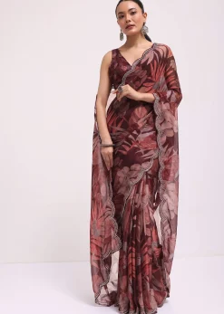 Wine Organza Leaf Printed Saree With Unstitched Blouse