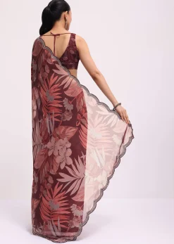 Wine Organza Leaf Printed Saree With Unstitched Blouse