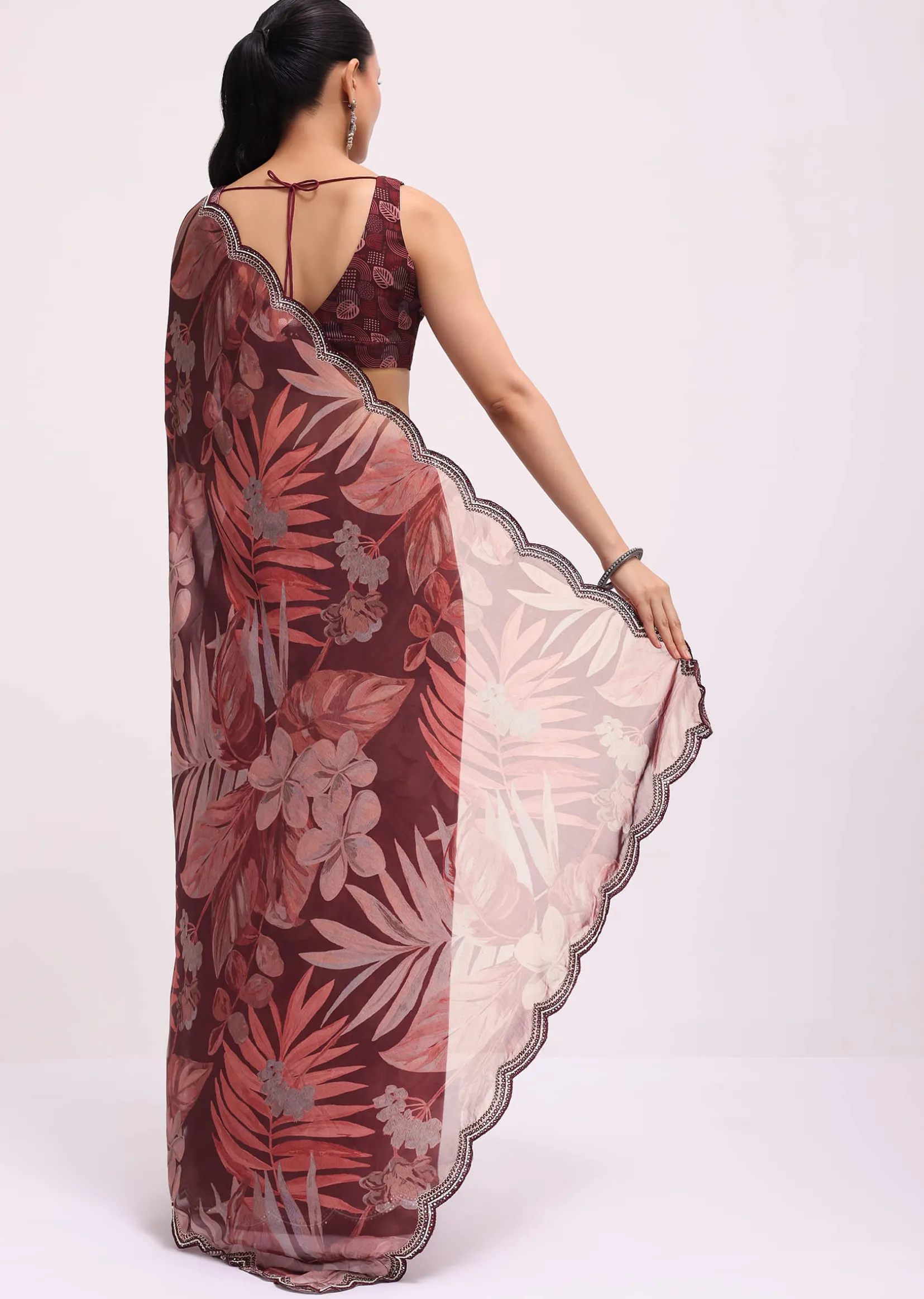 Wine Organza Leaf Printed Saree With Unstitched Blouse