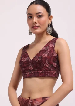 Wine Organza Leaf Printed Saree With Unstitched Blouse