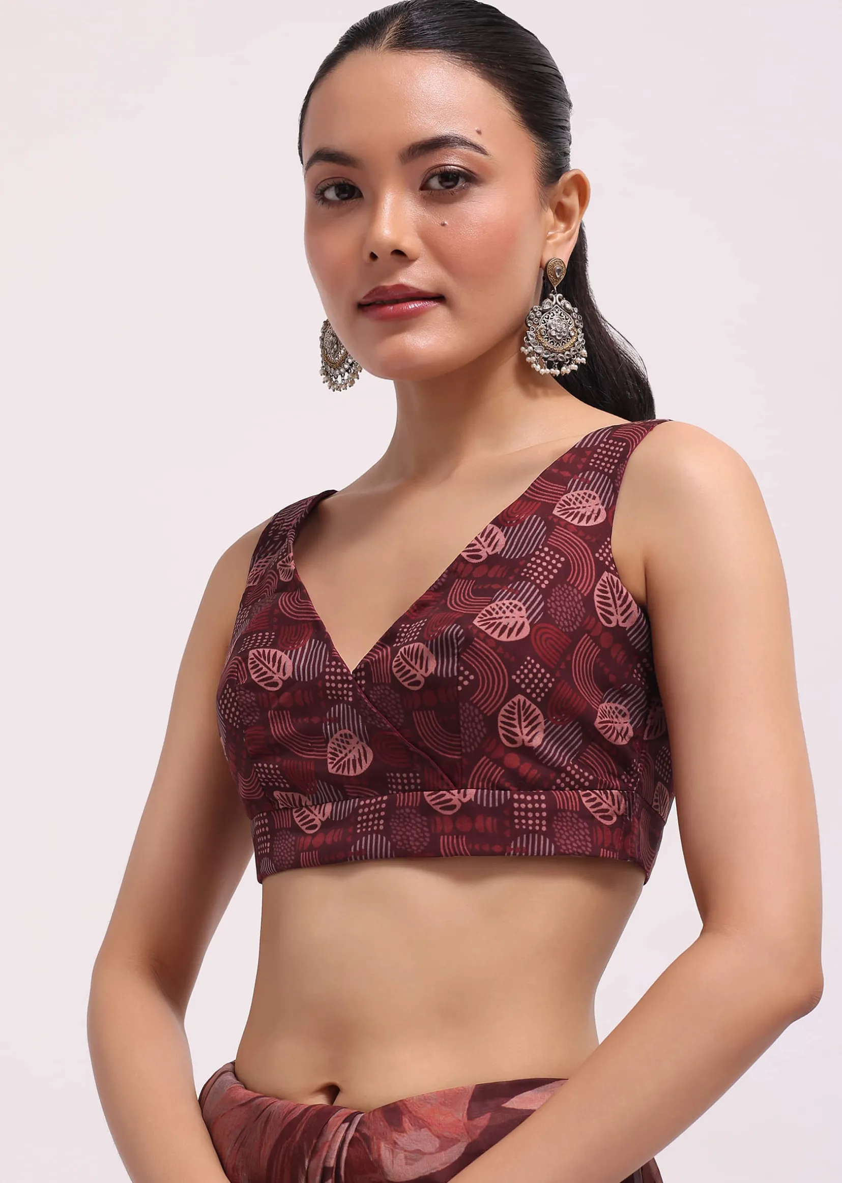Wine Organza Leaf Printed Saree With Unstitched Blouse