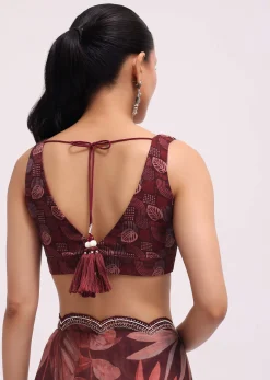 Wine Organza Leaf Printed Saree With Unstitched Blouse