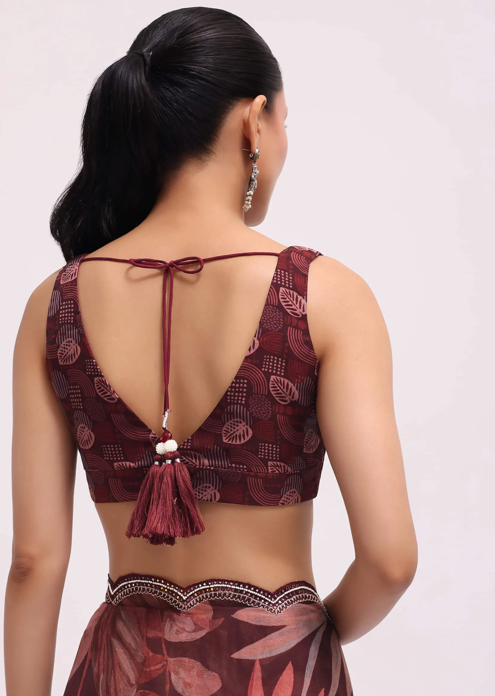 Wine Organza Leaf Printed Saree With Unstitched Blouse