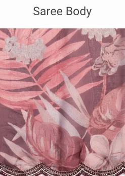 Wine Organza Leaf Printed Saree With Unstitched Blouse