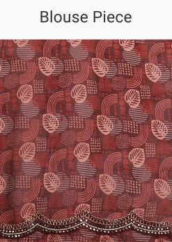 Wine Organza Leaf Printed Saree With Unstitched Blouse