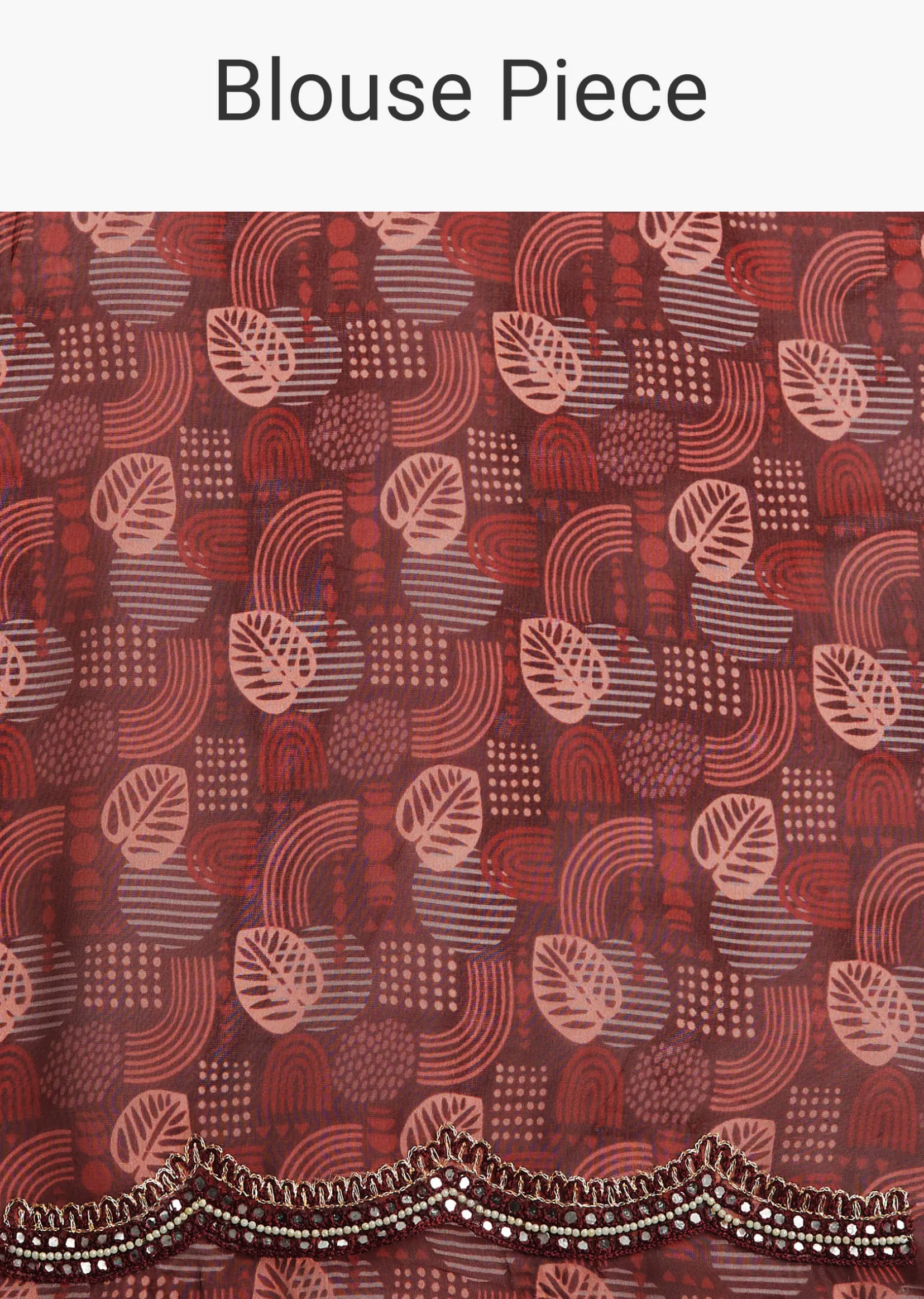 Wine Organza Leaf Printed Saree With Unstitched Blouse