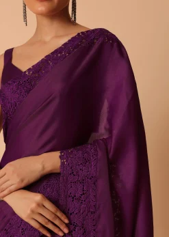 Wine Organza Saree With Lace Border And Unstitched Blouse Piece