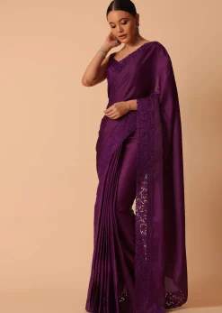 Wine Organza Saree With Lace Border And Unstitched Blouse Piece