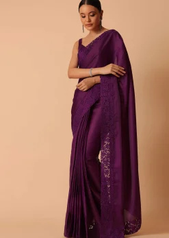 Wine Organza Saree With Lace Border And Unstitched Blouse Piece