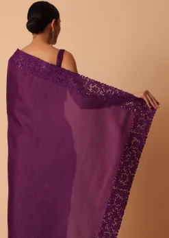 Wine Organza Saree With Lace Border And Unstitched Blouse Piece