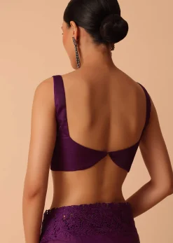 Wine Organza Saree With Lace Border And Unstitched Blouse Piece
