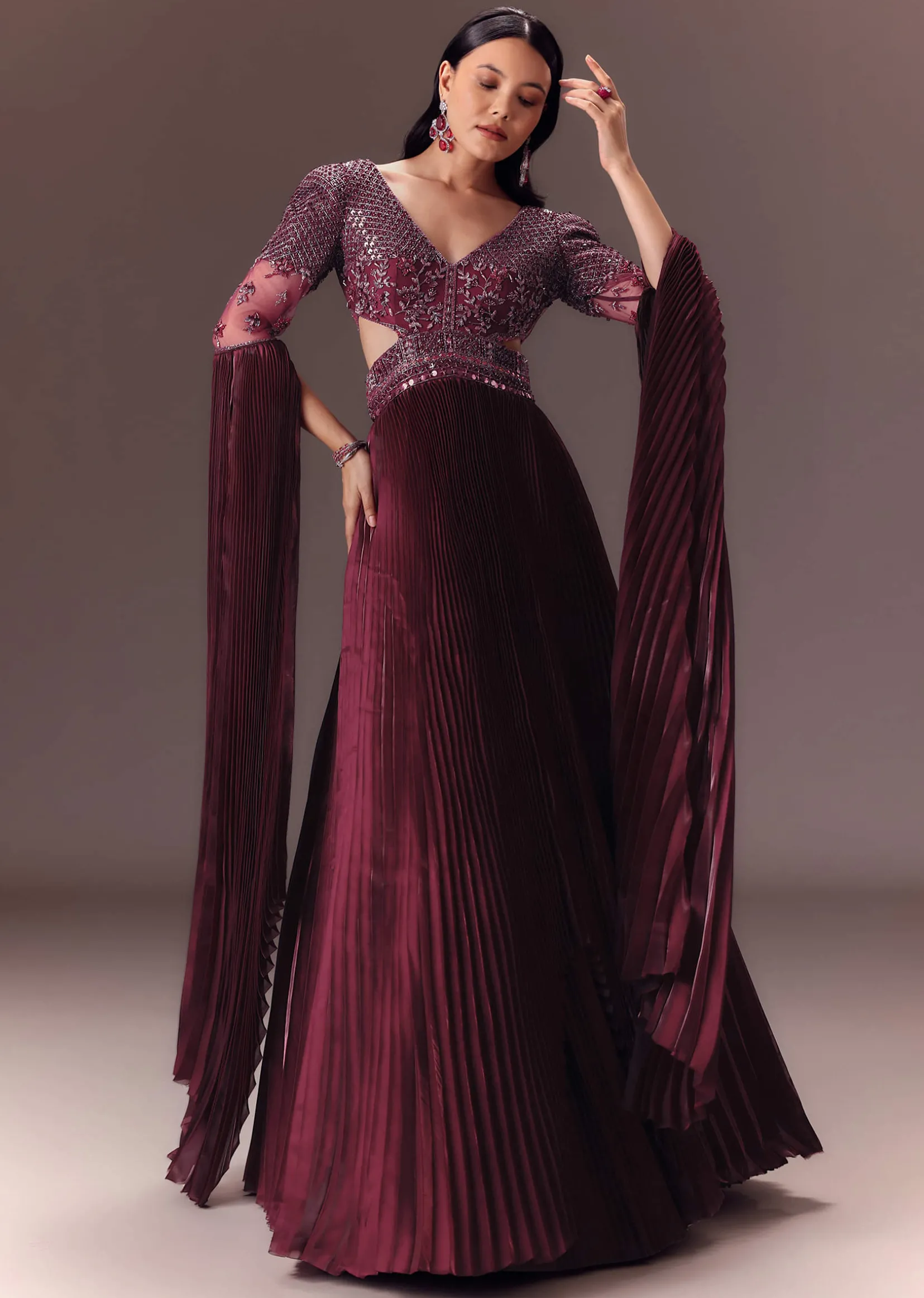 Wine Organze Flared Gown With 3D Draped Wings