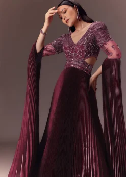 Wine Organze Flared Gown With 3D Draped Wings