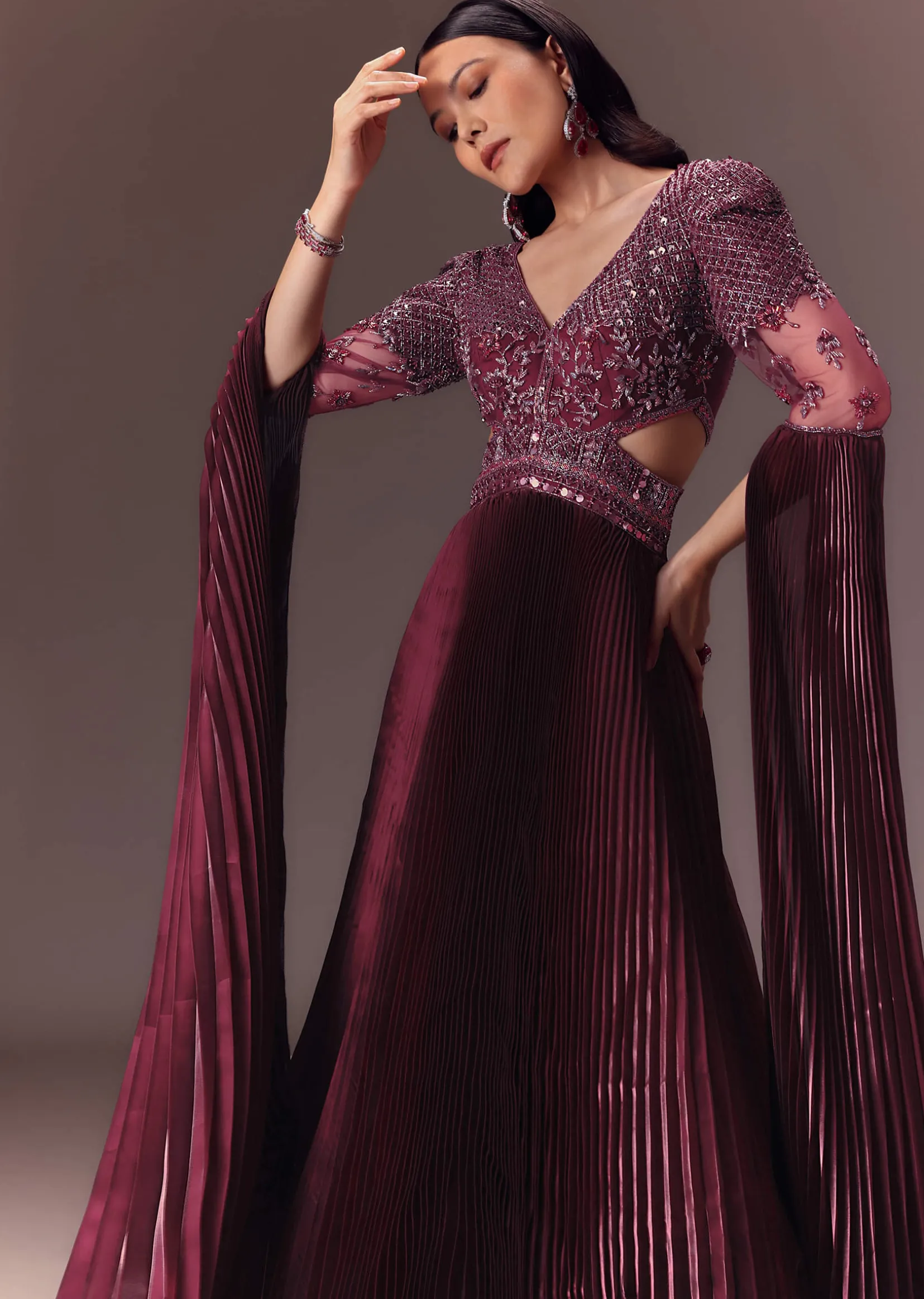 Wine Organze Flared Gown With 3D Draped Wings