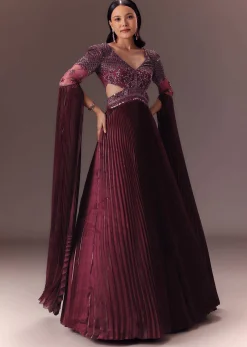 Wine Organze Flared Gown With 3D Draped Wings
