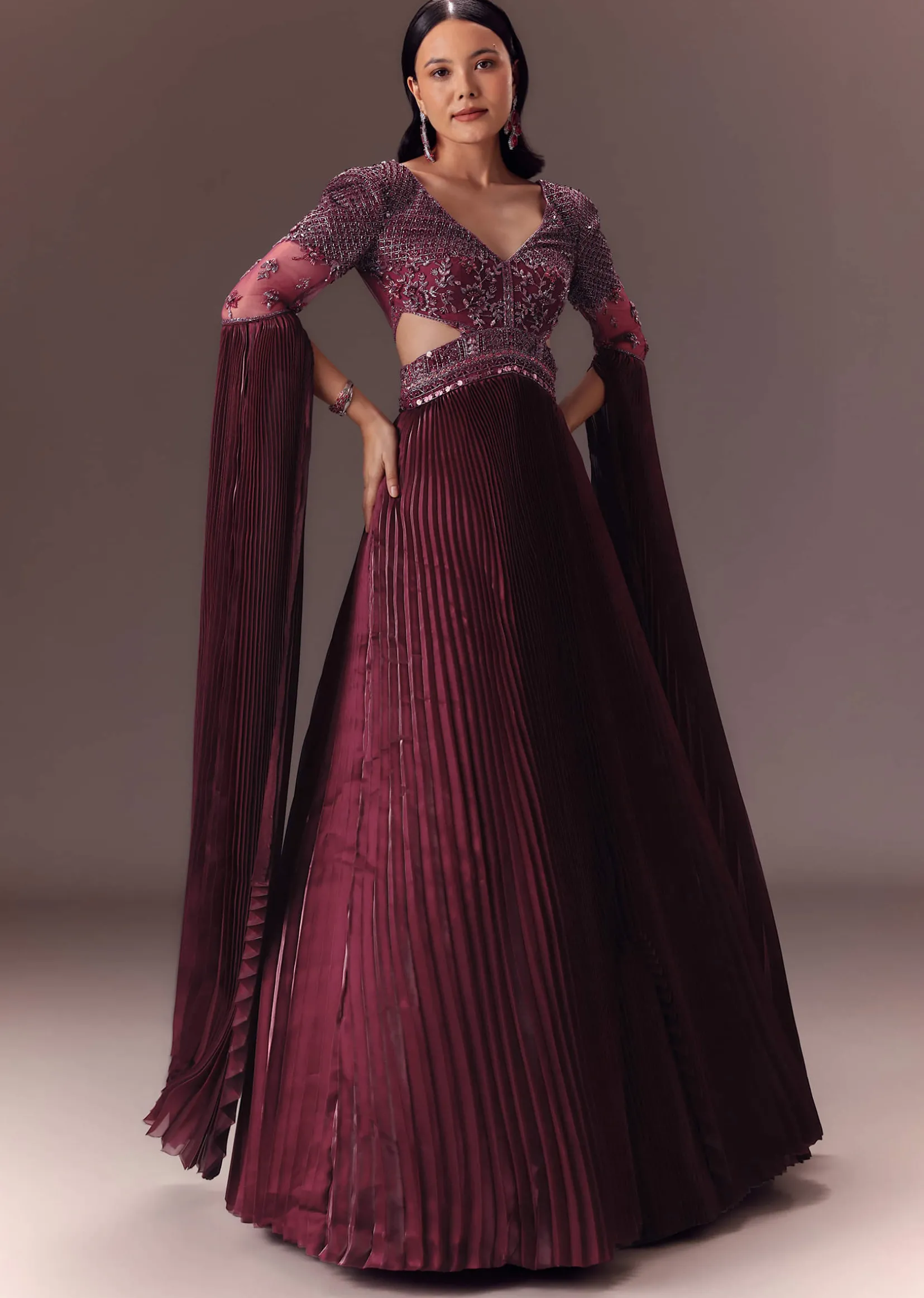 Wine Organze Flared Gown With 3D Draped Wings