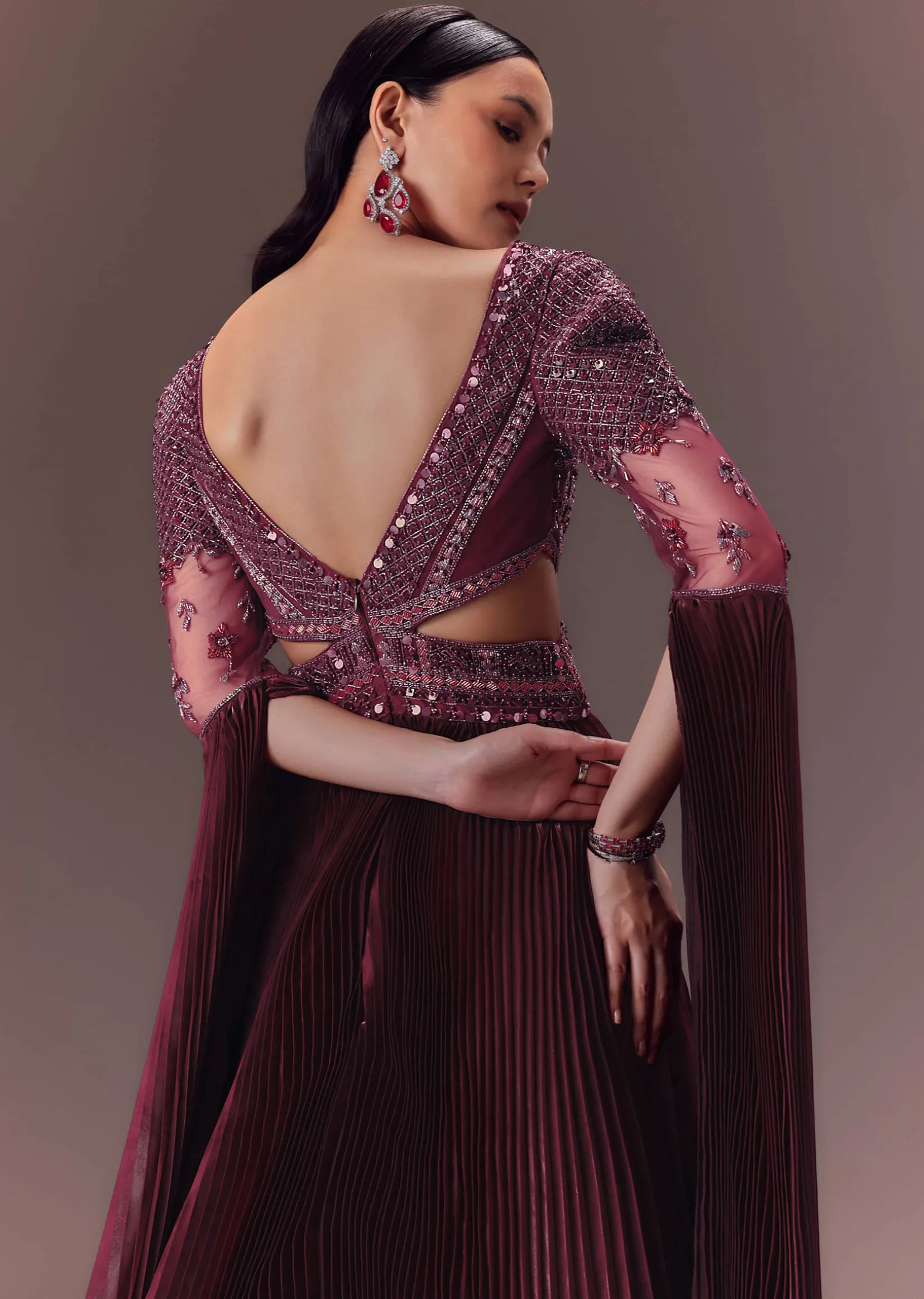 Wine Organze Flared Gown With 3D Draped Wings