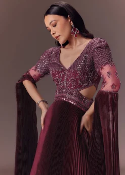 Wine Organze Flared Gown With 3D Draped Wings