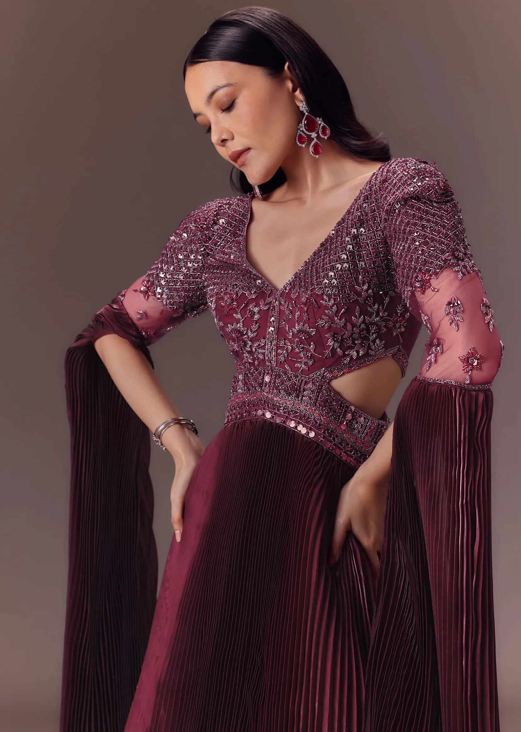 Wine Organze Flared Gown With 3D Draped Wings