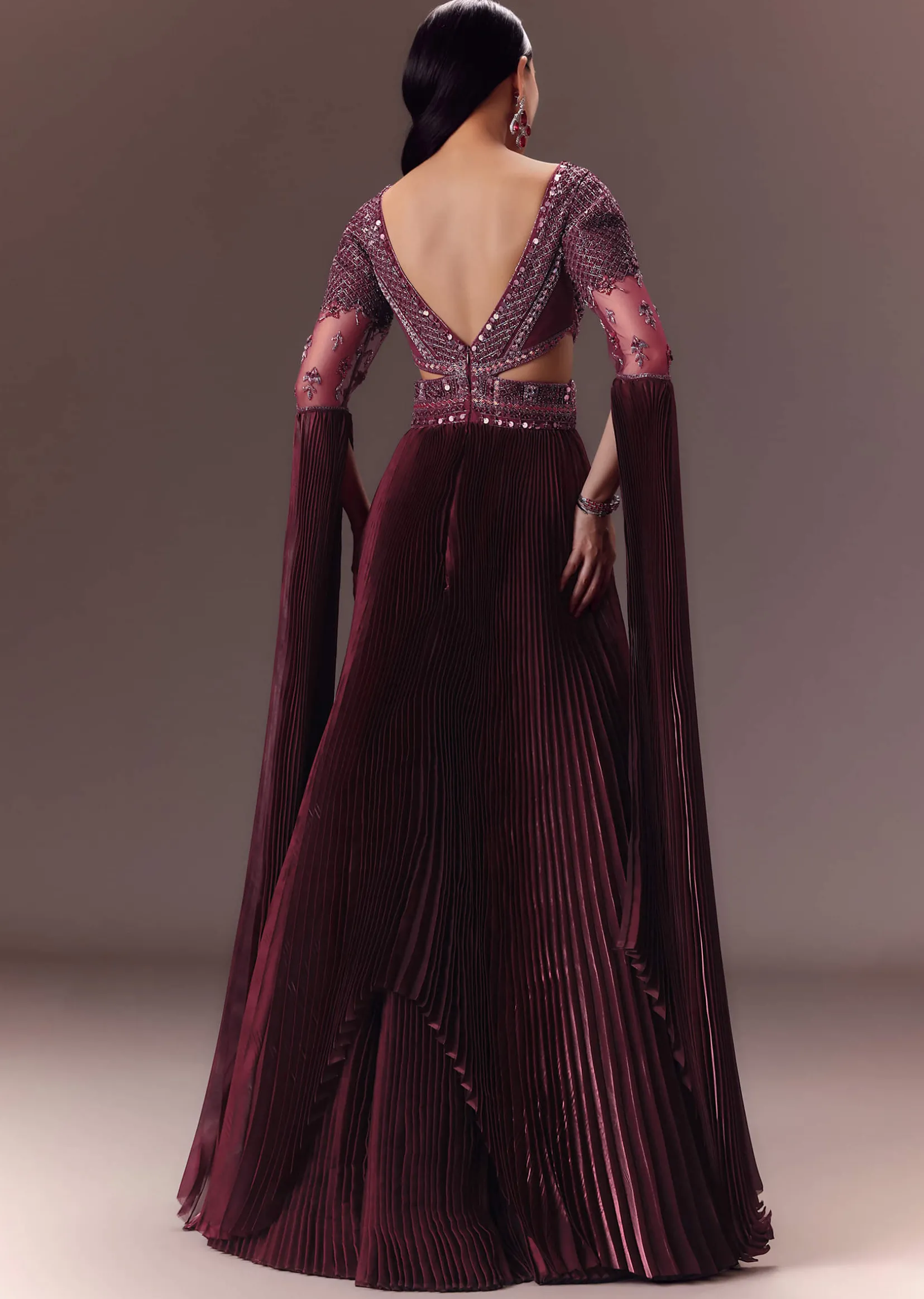 Wine Organze Flared Gown With 3D Draped Wings