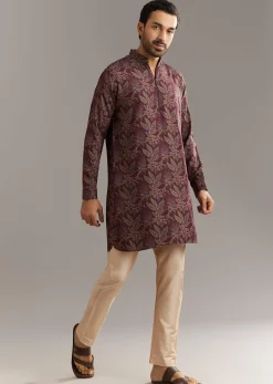 Wine Pashmina Silk Kurta Set With Vine Print Motifs