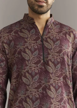 Wine Pashmina Silk Kurta Set With Vine Print Motifs